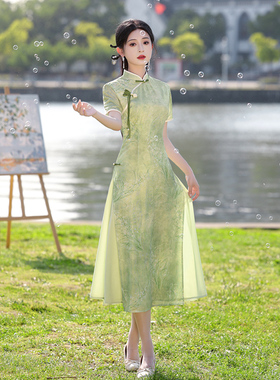 绿色奥黛旗袍2025新款夏季改良年轻款少女新中式日常可穿高考送考