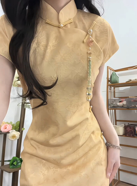 黄色新中式旗袍女夏季改良年轻款夏季高考送考气质高级连衣裙日常