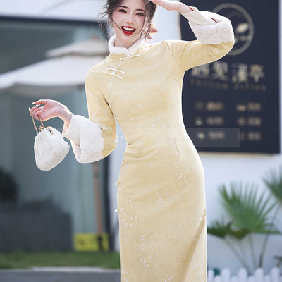 浅黄旗袍女新中式秋冬季长袖加绒