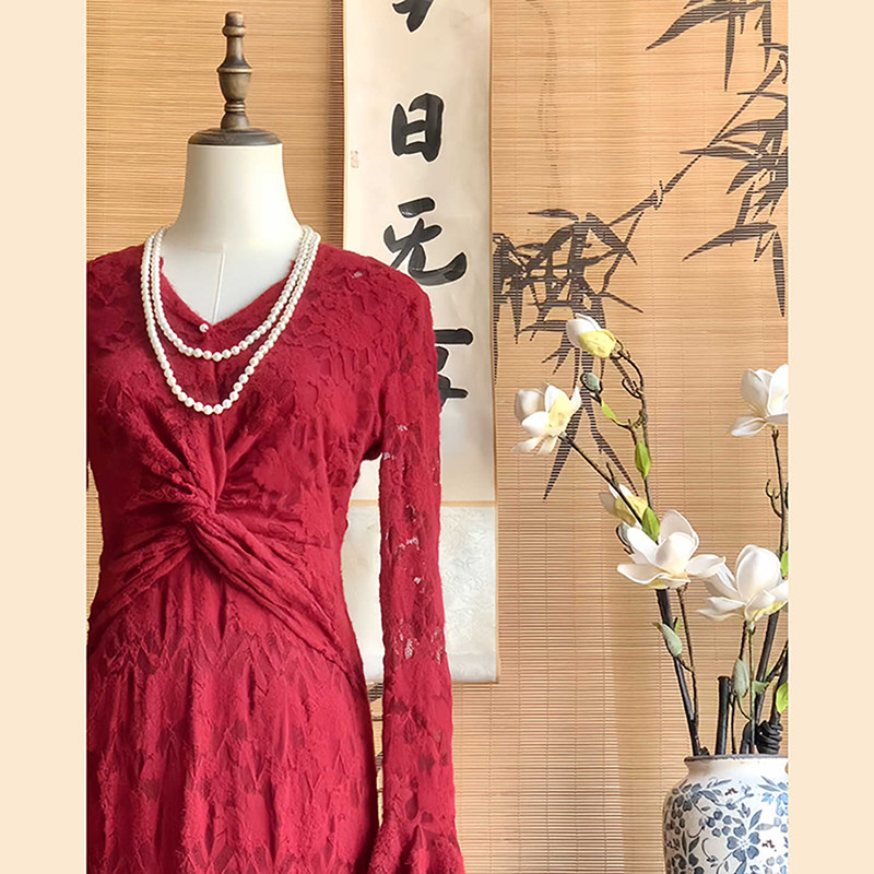 【红枣】法式复古红色连衣裙蕾丝复古气质修身年会长裙敬酒服秋冬,女装/女士精品,旗袍,淘宝优惠券,粉丝福利购,淘宝优惠卷