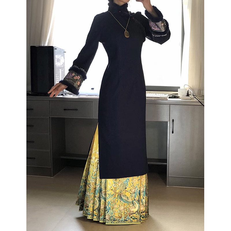 新中式国风改良蓝色旗袍裙