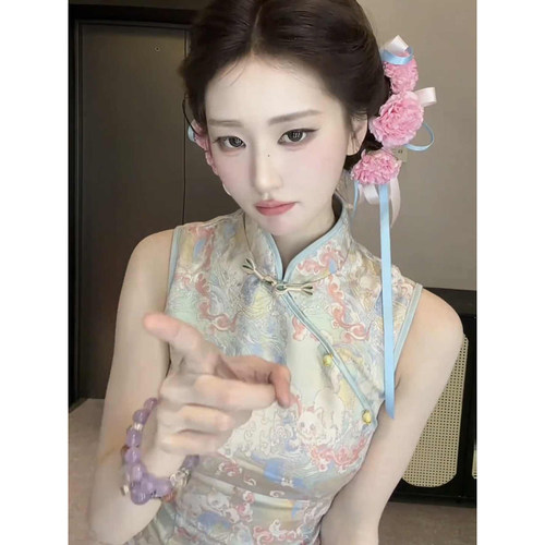 新中式无袖印花立领修身旗袍裙