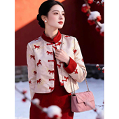 红色旗袍外套订婚结婚新年服套装 撞色套装 放马川 女冬季 新中式