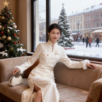 新中式旗袍连衣裙白色秋冬新款