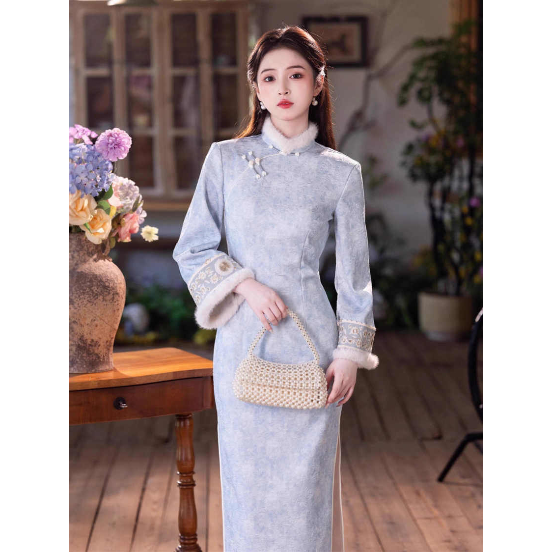 蓝色倒大袖旗袍女2025新款冬保暖