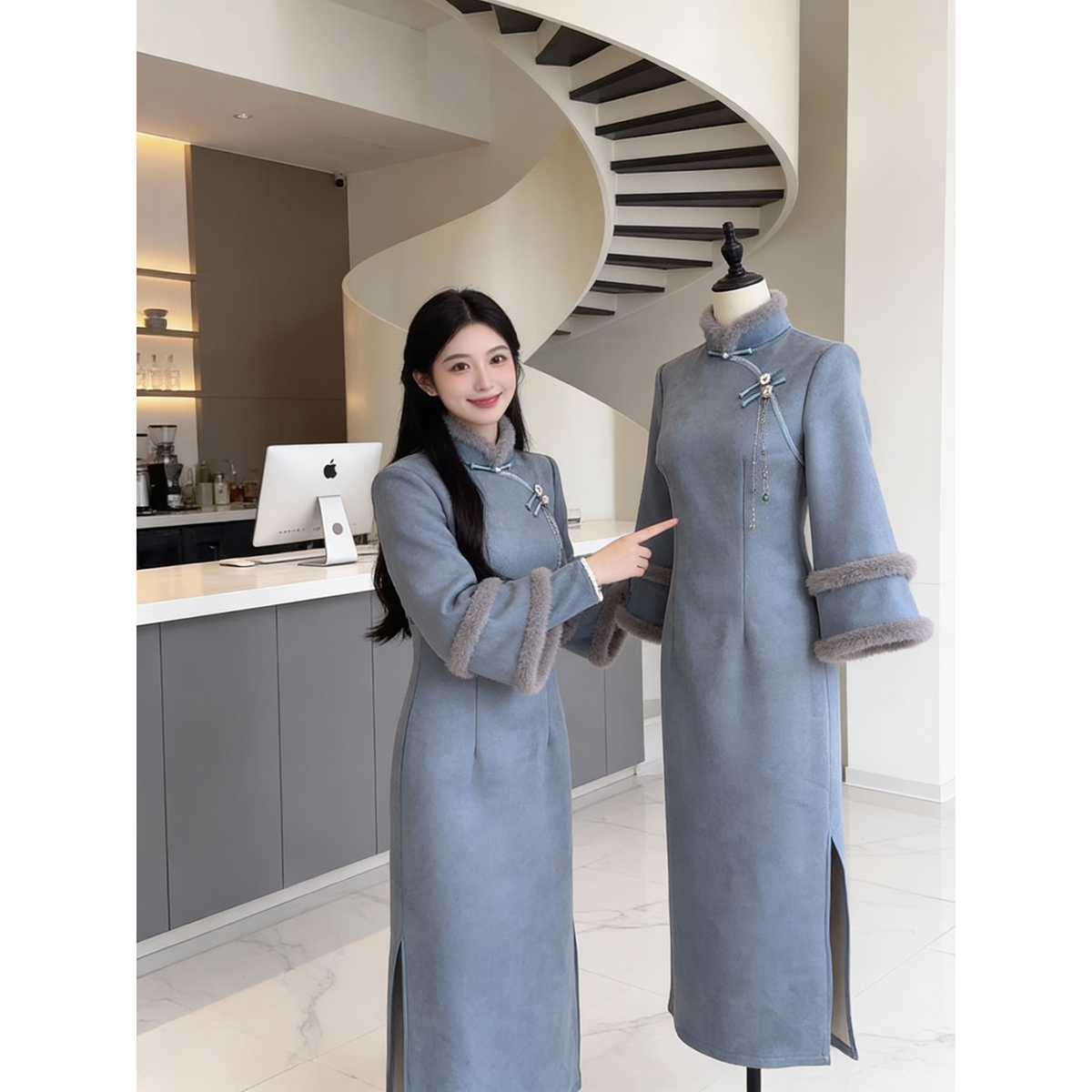 复古风冬季新款倒大袖改良旗袍裙蓝色毛毛袖保暖气质新中式连衣裙,女装/女士精品,旗袍,淘宝优惠券,粉丝福利购,淘宝优惠卷