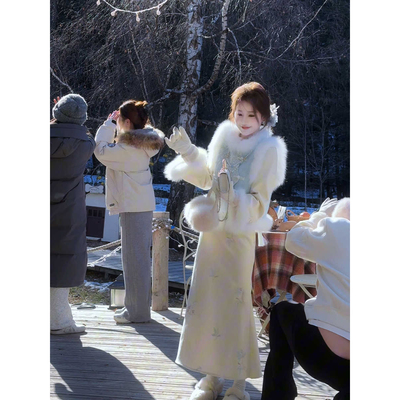 冬季加绒加厚旗袍上衣半身裙套装