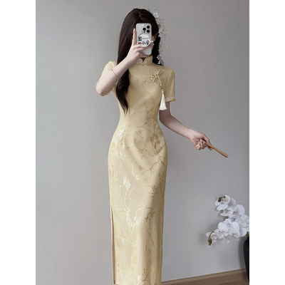 黄色旗袍女新中式提花连衣裙