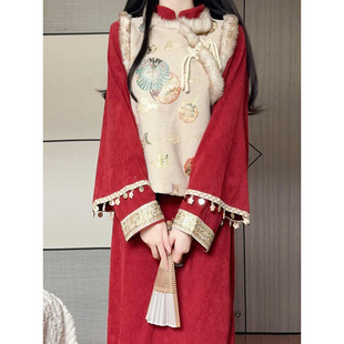 抹茶麻薯2025年秋冬季新款改良马甲旗袍复古民国风灯芯绒少女长裙