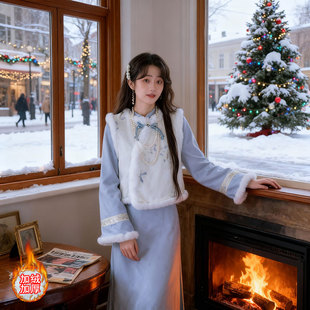 旗袍女新中式冬款加厚日常可穿2025年新款改良年轻款蓝色马甲冬天