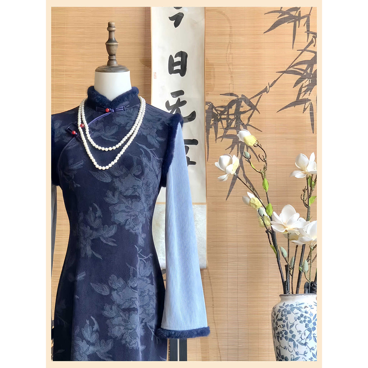 【蓝锦】新中式复古风改良旗袍女长袖中长裙深蓝色气质修身国风裙,女装/女士精品,旗袍,淘宝优惠券,粉丝福利购,淘宝优惠卷
