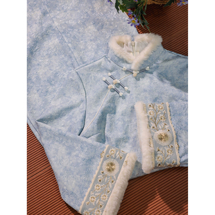 超好看蓝色新中式旗袍冬装2025新款高端大气上档次年轻款加绒加厚