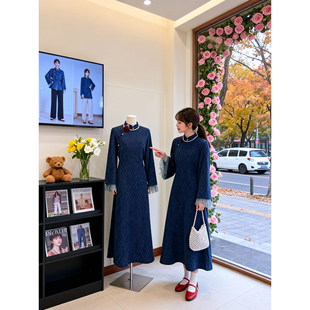 【蓝瓷】复古蓝色改良旗袍连衣裙2026年新款加绒加厚民国风百搭款