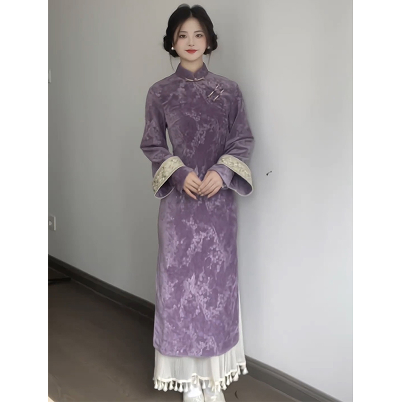 2024新款改良倒大袖紫色旗袍裙