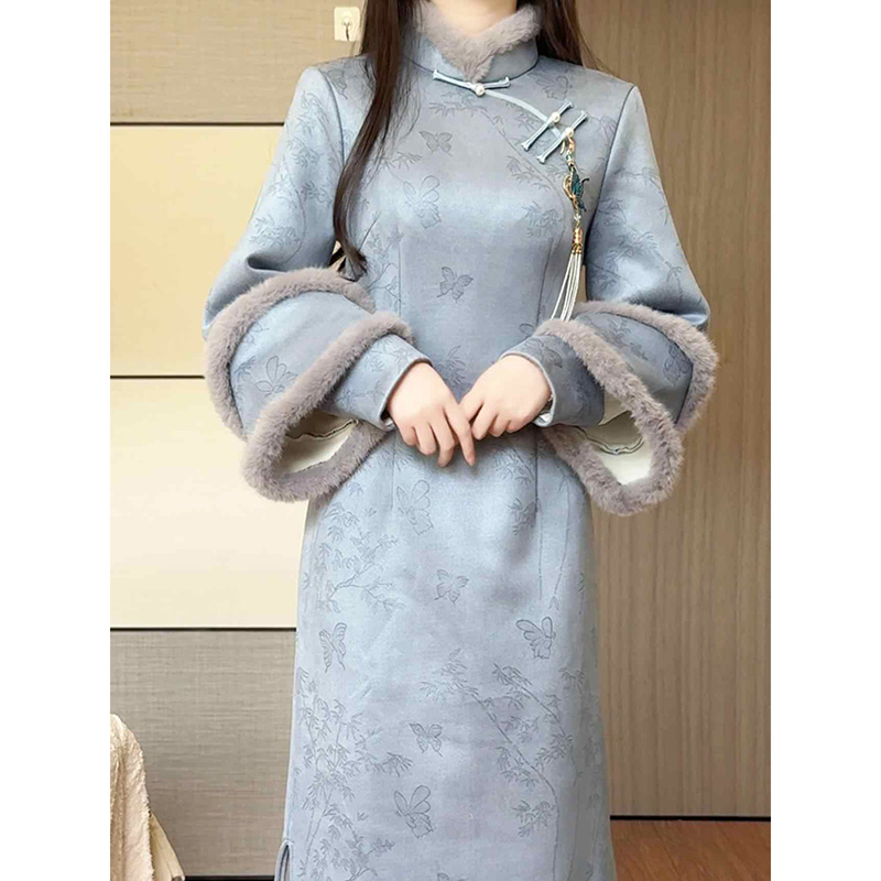 改良旗袍蓝色保暖毛领新中式
