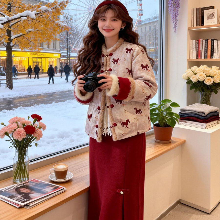 新中式马年红色拜年服套装女2026新年复古刺绣加绒加厚外套半身裙,女装/女士精品,时尚套装,淘宝优惠券,粉丝福利购,淘宝优惠卷