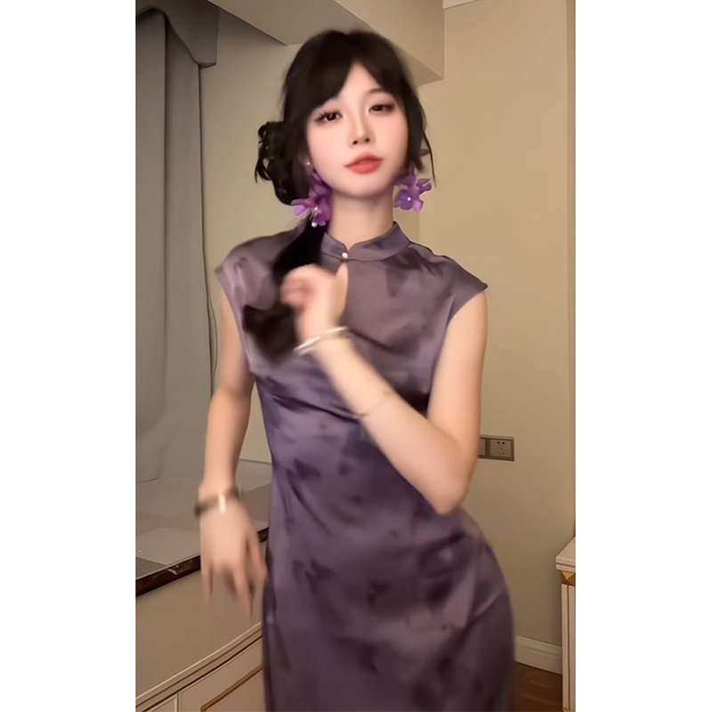 紫色立领改良旗袍女绝美国风气质