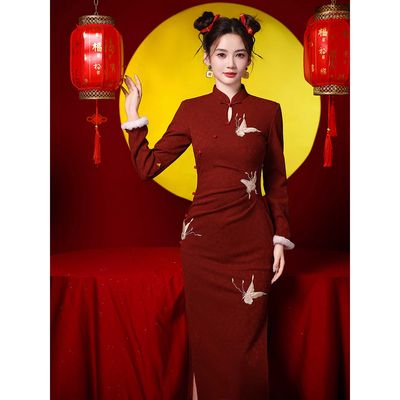 红色旗袍冬装加绒加厚冬季改良