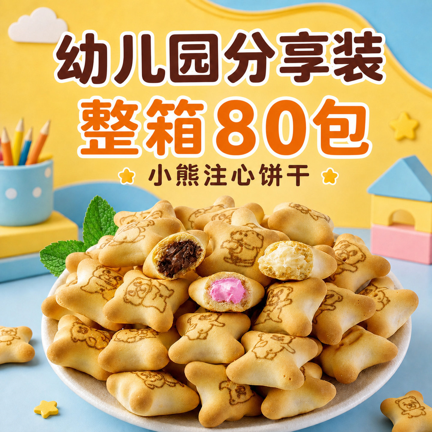 小熊注心饼干儿童零食独立小包装幼儿园网红夹心巧克力爆浆米其多