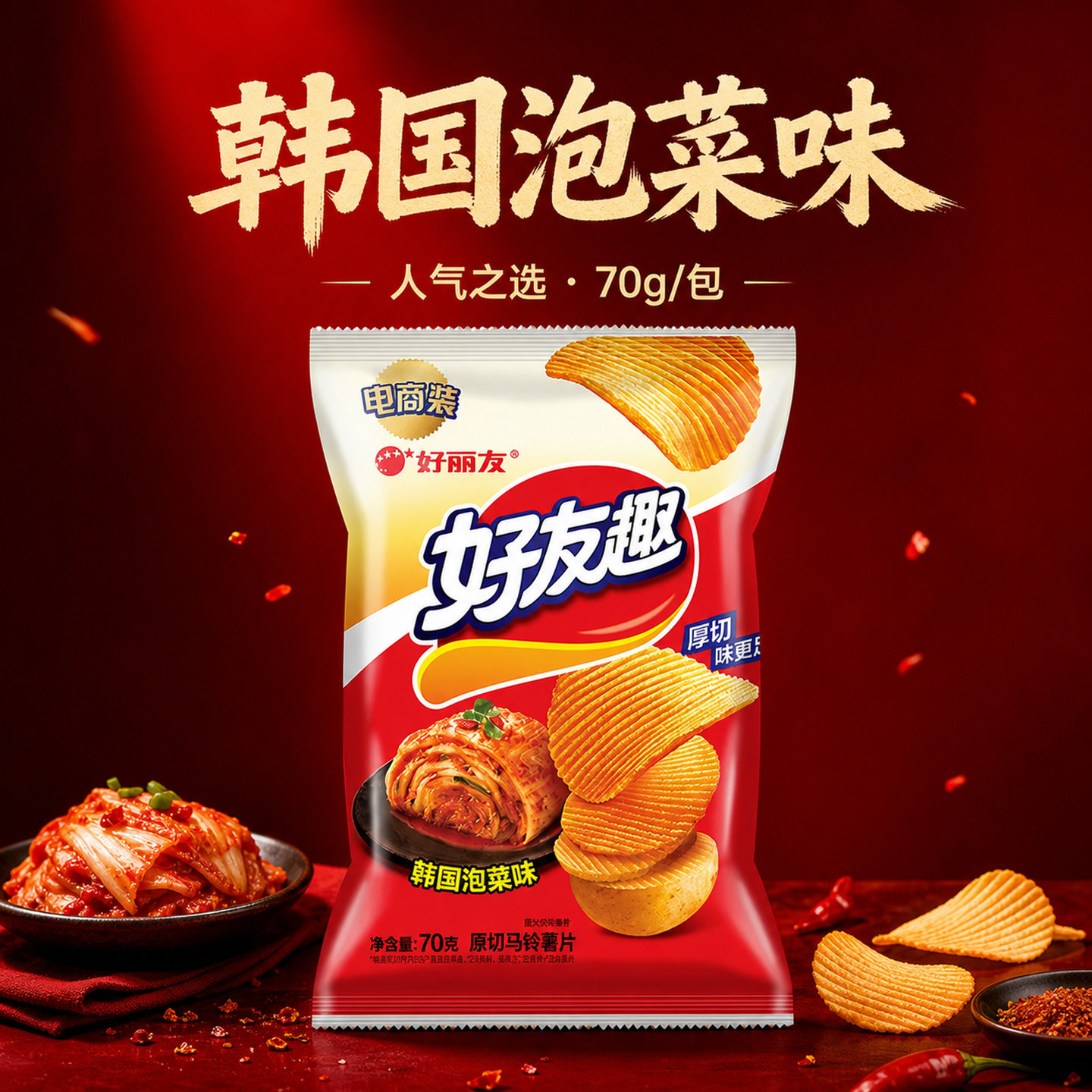 好丽友韩国泡菜味薯片70g好有趣小包装零食大礼包多口味整箱批发