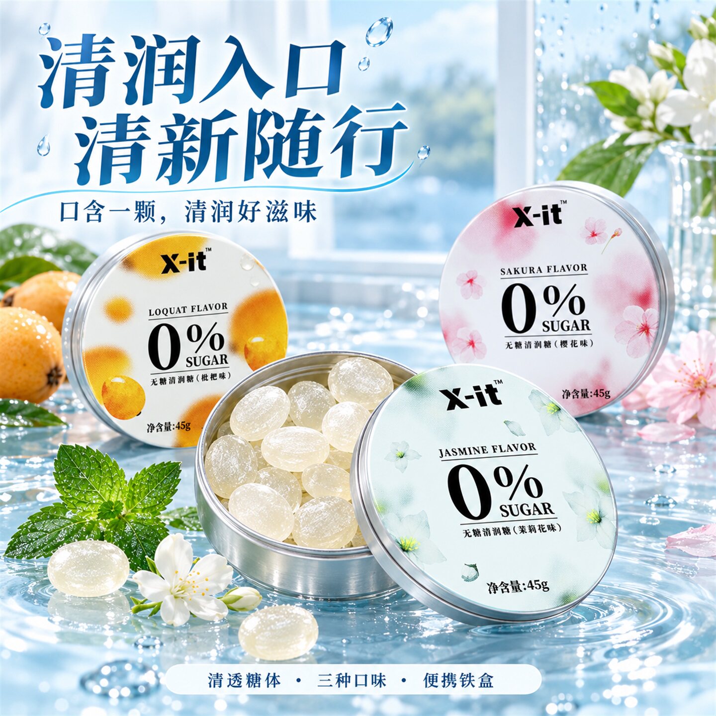 润喉糖xit清润糖护嗓教师茉莉花味益美滋无糖薄荷糖0蔗糖樱花枇杷