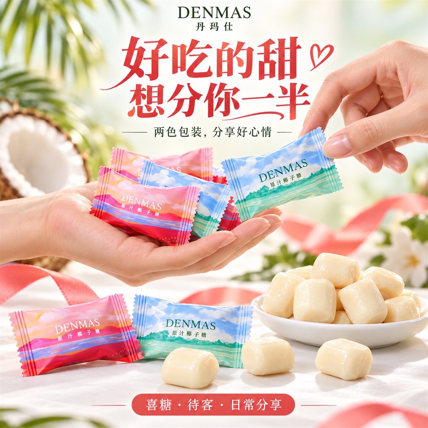 DENMAS丹玛仕椰子糖结婚伴手礼专用喜糖夹心牛奶糖网红高颜值糖果图片