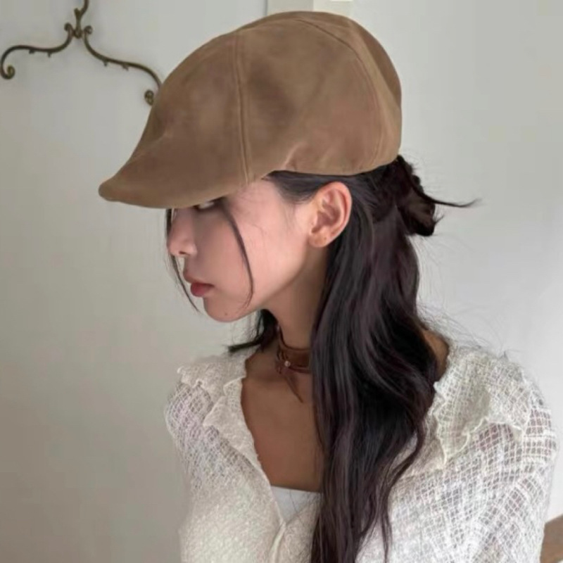 版型巨好ins博主同款纯色2025秋冬麂皮绒复古柔软前进帽贝雷帽女