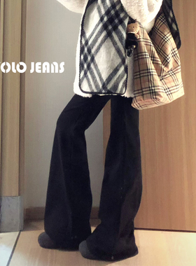 TRYOLO美式复古黑色微喇牛仔裤女新款休闲百搭不贴腿显瘦拖地裤子