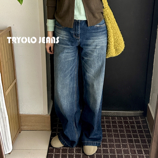 宽松百搭显瘦直筒休闲垂感阔腿裤 女新款 阔腿牛仔裤 TRYOLO复古美式