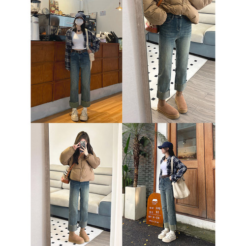 怀旧蓝直筒九分裤女直腿神器