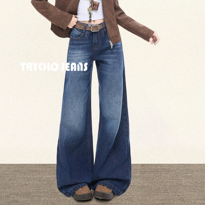TRYOLO【馥郁蓝调】复古深蓝色牛仔裤女阔腿宽松百搭显瘦直筒裤子