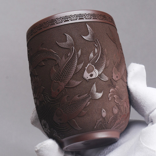 紫云堂宜兴原矿紫砂刻绘主人杯