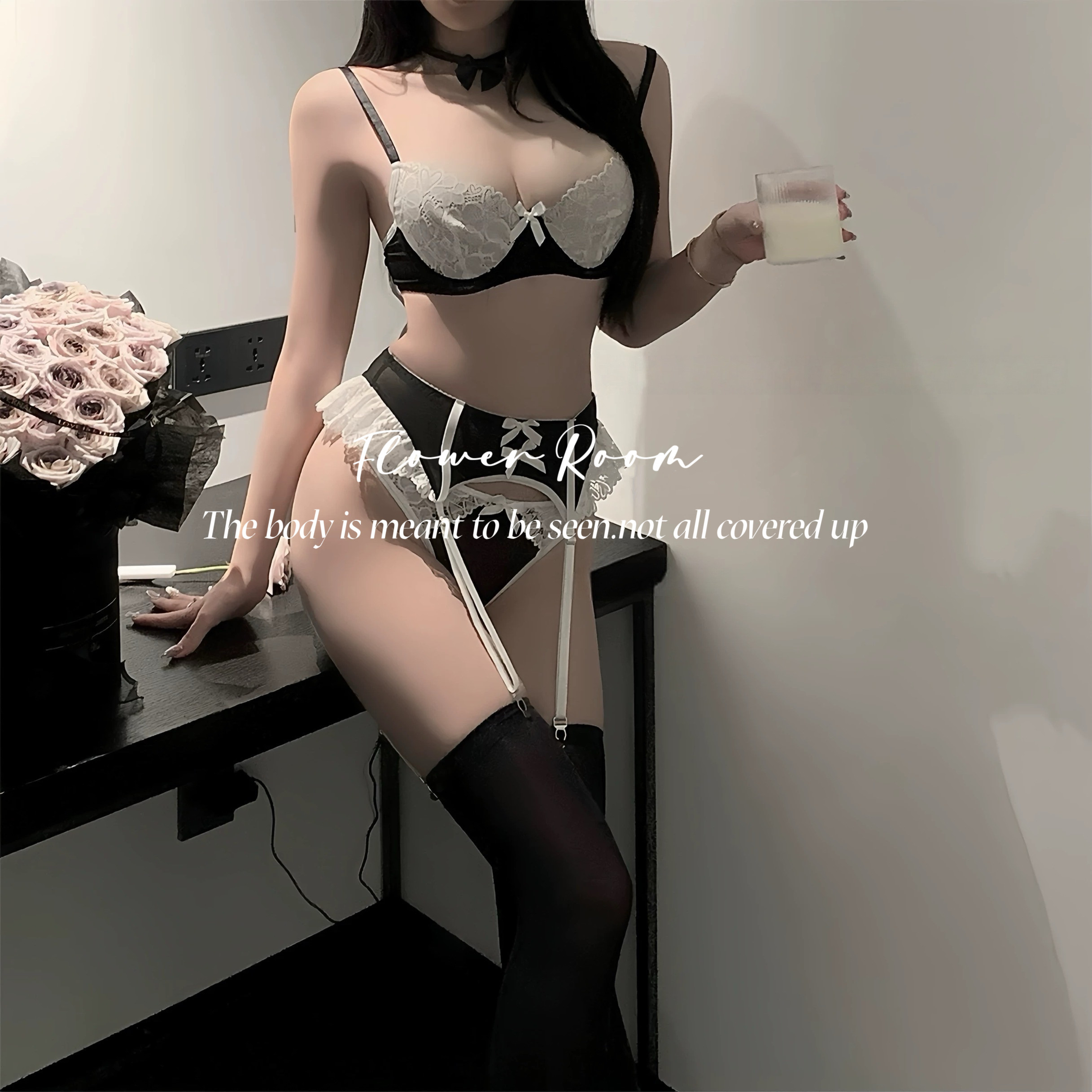 Flower Room主仆契约*高品质蕾丝纯欲优雅女仆性感透网纱内衣套装