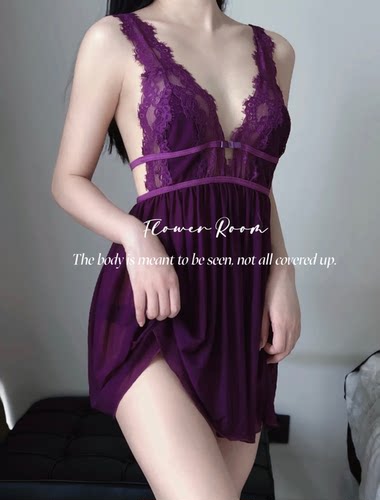 Flower Room 可颂*性感深v网纱吊带睡裙露背透明蕾丝御姐睡衣新款