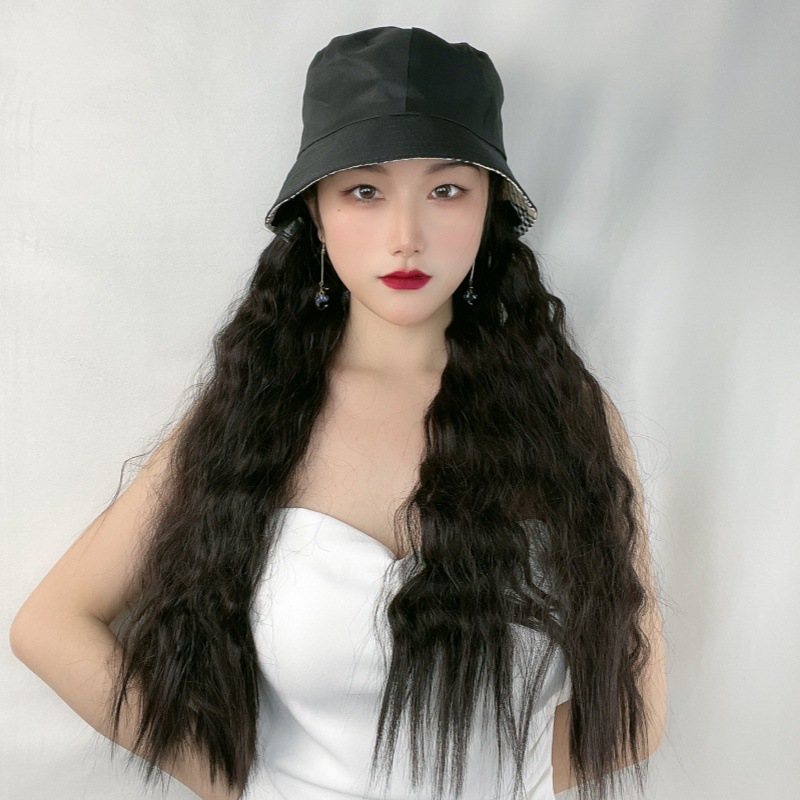 二类电商货源假发女时尚渔夫帽子长卷发一体化纤长发水波纹全头套