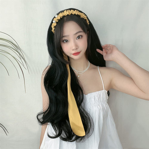韩版假发女款长卷发珍珠飘带发箍假发一体式半头套长发大波浪