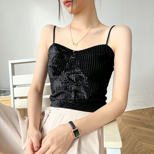 秋冬金丝绒小吊带背心女美背文胸一体打底带胸垫保暖上衣ins轻奢