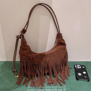 鹿皮绒女包磨砂复古流苏腋下包大容量旅行通勤旅行大容量斜挎包