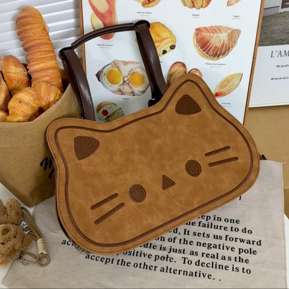 韩版可爱饼干猫刺绣托特包包