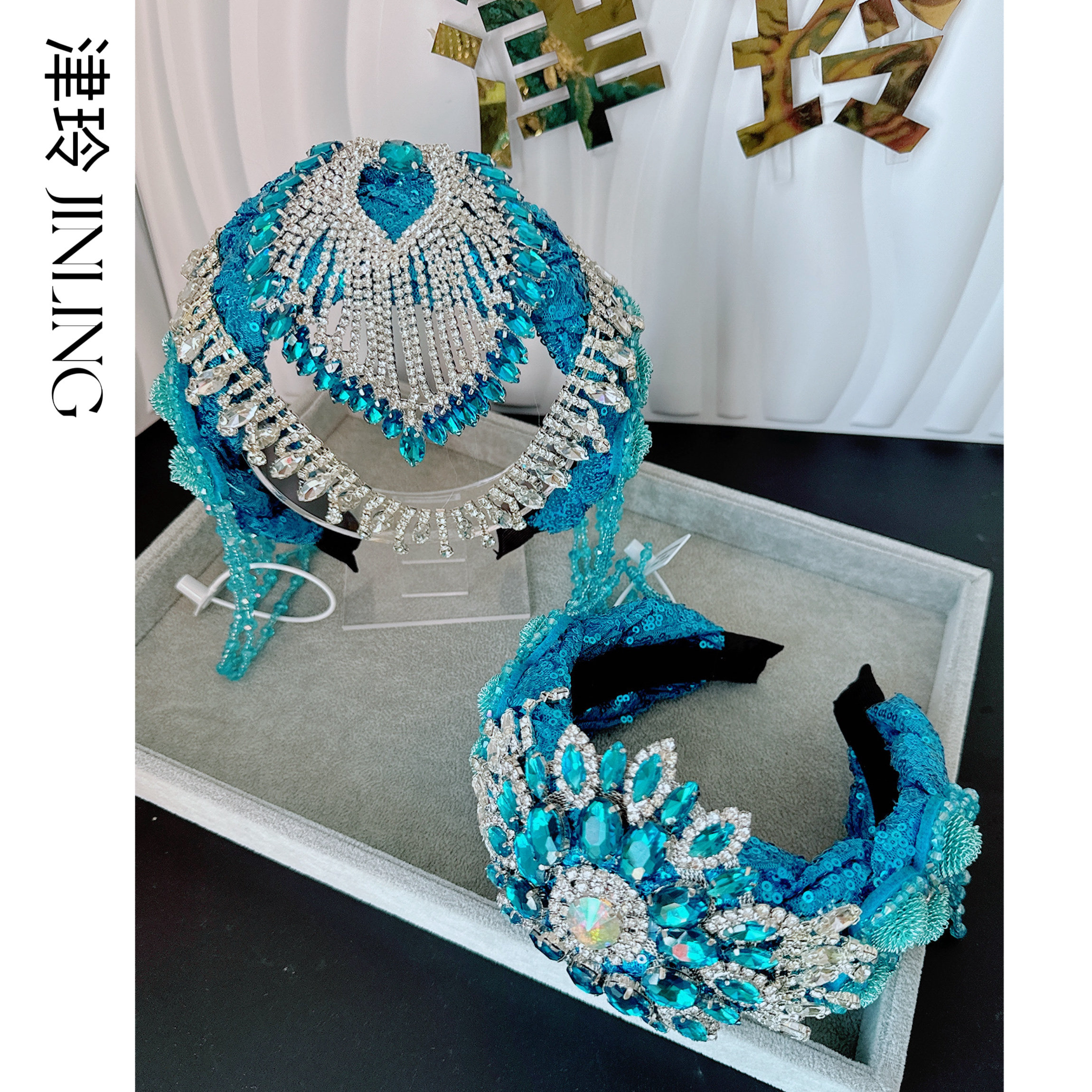 手工镶嵌蓝色水晶流苏发箍女高颅顶镶钻发卡带齿仙美头箍复古发饰图片
