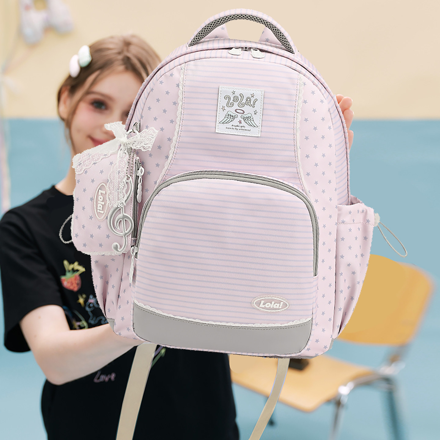 LOLA DESIGN天使音符双肩包 轻便高中书包初中女生开学礼物大容量