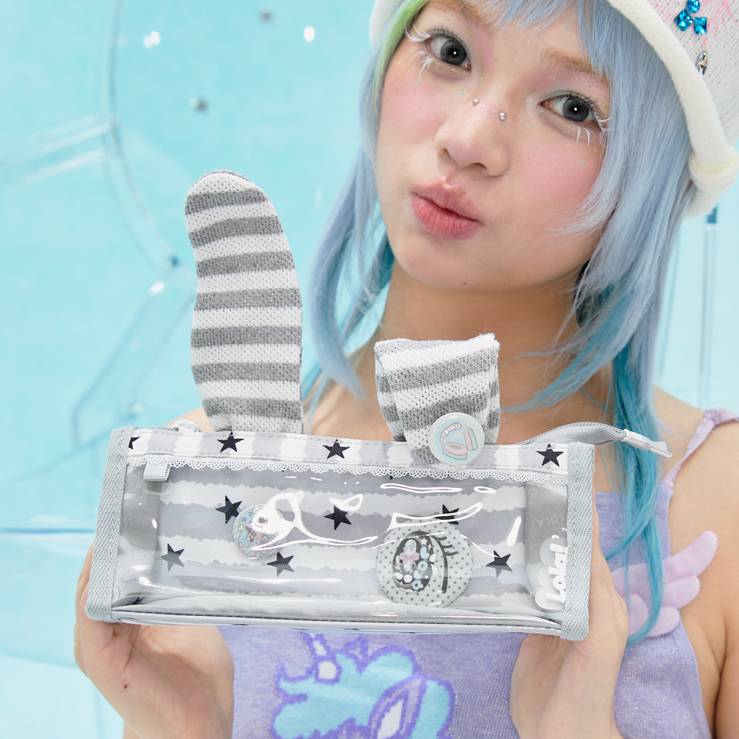 LOLA DESIGN软萌条纹兔耳笔袋 可小众ins风爱少女风收纳文具小包