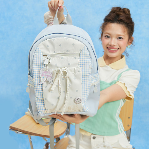 LOLA DESIGN波点格纹双肩包韩系大容量可爱书包高中生女轻便背包