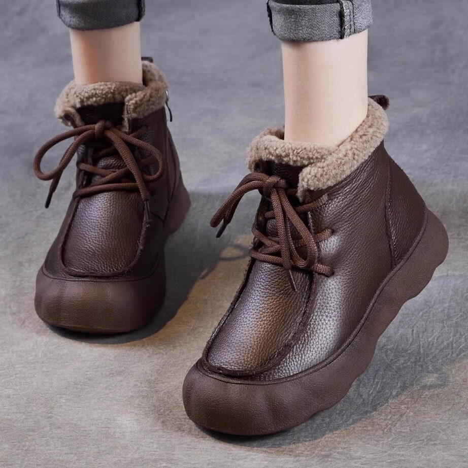 真皮东北雪地靴女2025冬季新款厚底复古头层牛皮短靴加绒保暖棉鞋