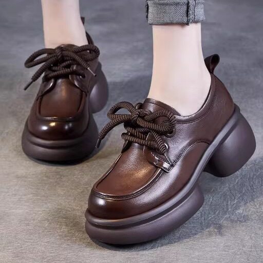 真皮单鞋女2026春季新款粗跟系带头层全牛皮小个子增高厚底小皮鞋