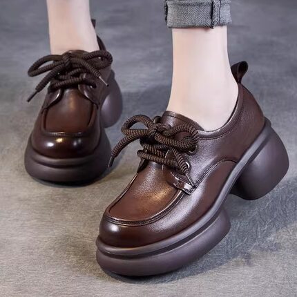 真皮单鞋女2026春季新款粗跟系带头层全牛皮小个子增高厚底小皮鞋