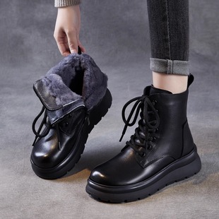 真皮东北雪地靴女2025冬季 英伦头层牛皮平厚底短靴加厚绒棉靴 新款