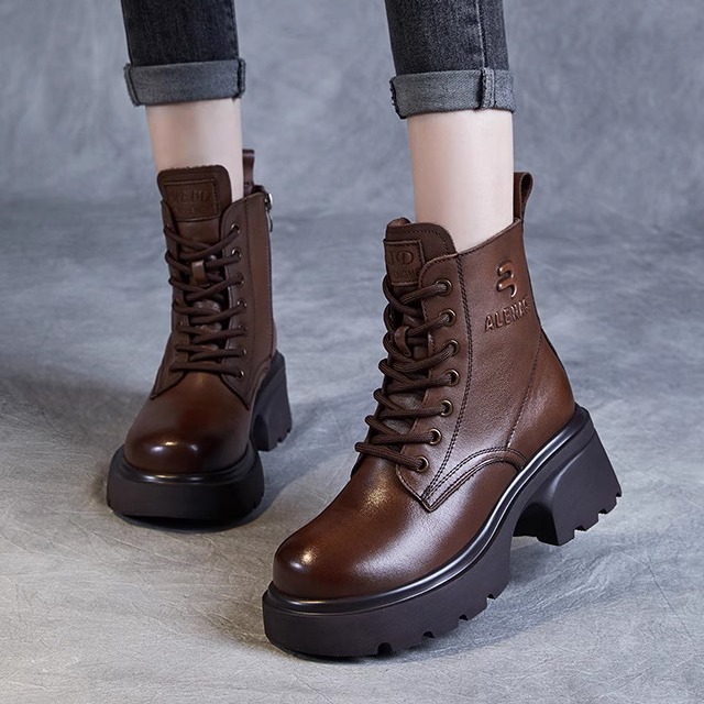 真皮马丁靴女2025秋冬新款头层牛皮单靴小个子粗高跟厚底加绒短靴