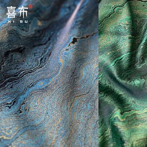蓝水海绿色织锦缎布料国风设计师