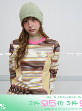 riverstone plus修身圆领长袖t恤女秋季条纹拼接撞色正肩打底衫